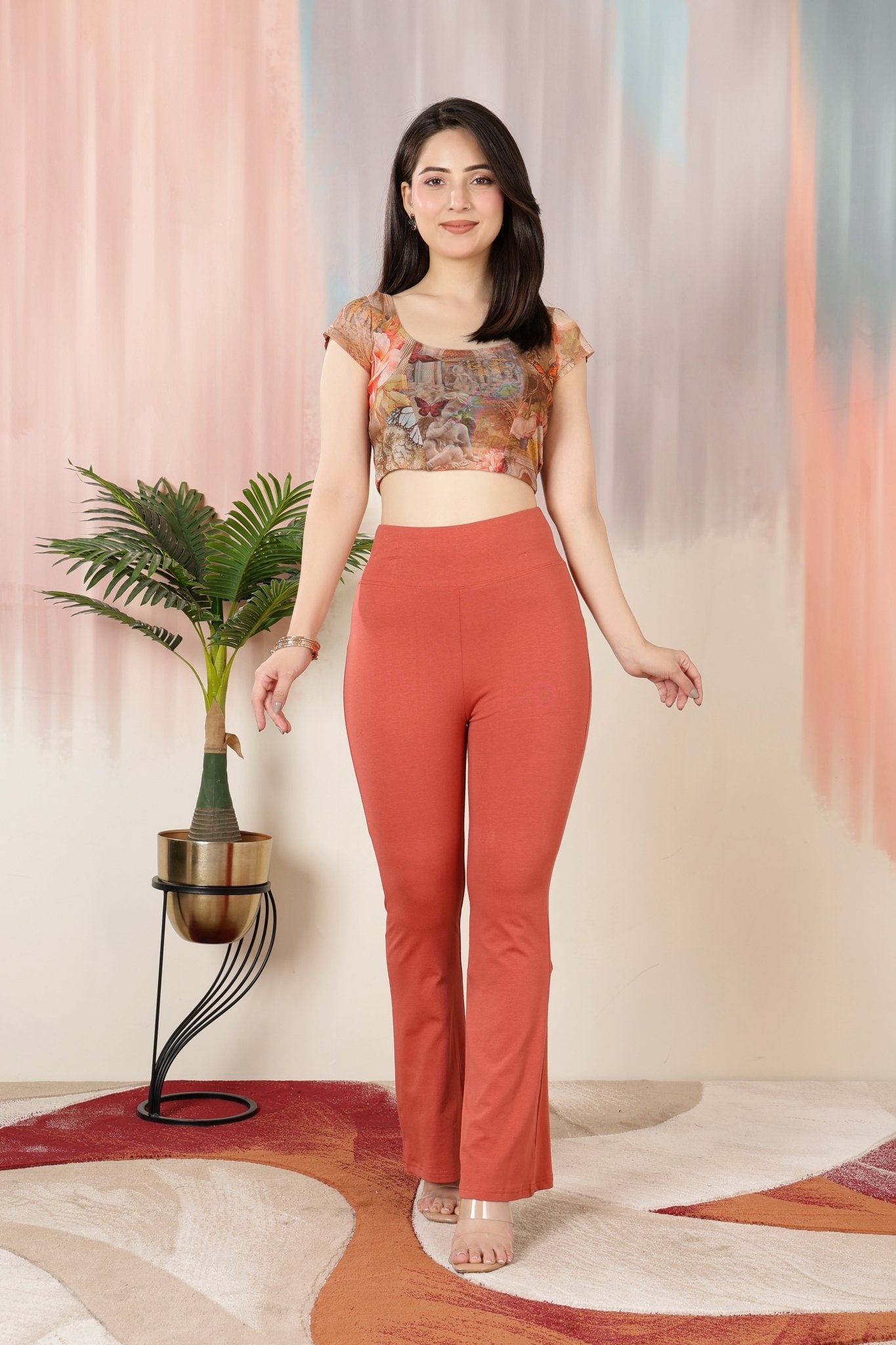 Rust stretchable biowash premium cotton lycra flare legging with superior elastic belt. -Cotton flare