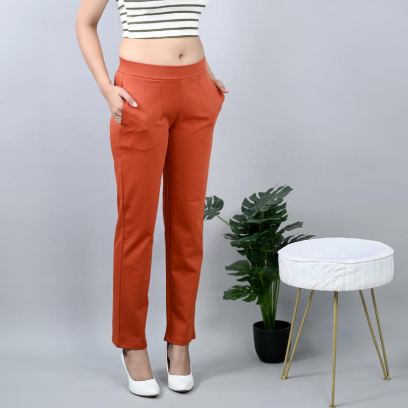 Rust stretchable biowash USA HQ cotton cigarette pencil pants with superior  elastic belt. [Straight fit]