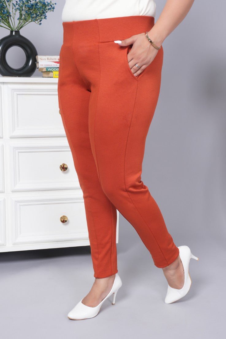 Rust stretchable biowash USA HQ cotton premium jegging pant with pockets & superior elastic belt. - Milano jegging pants with pcoket
