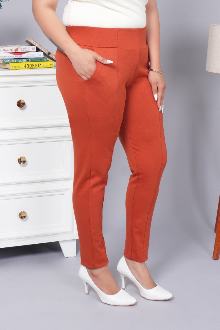 Rust stretchable biowash USA HQ cotton premium jegging pant with pockets & superior elastic belt. - Milano jegging pants with pcoket