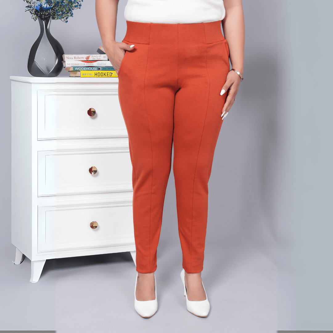 Rust stretchable biowash USA HQ cotton premium jegging pant with pockets & superior elastic belt. - Milano jegging pants with pcoket