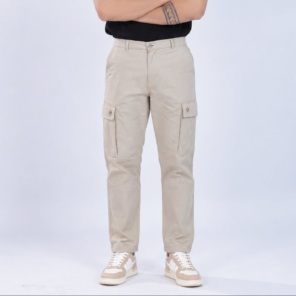 Sage green stretchable biowash HQ cotton travel cargo bottom with superior elastic belt. -Travel Cargo Pants