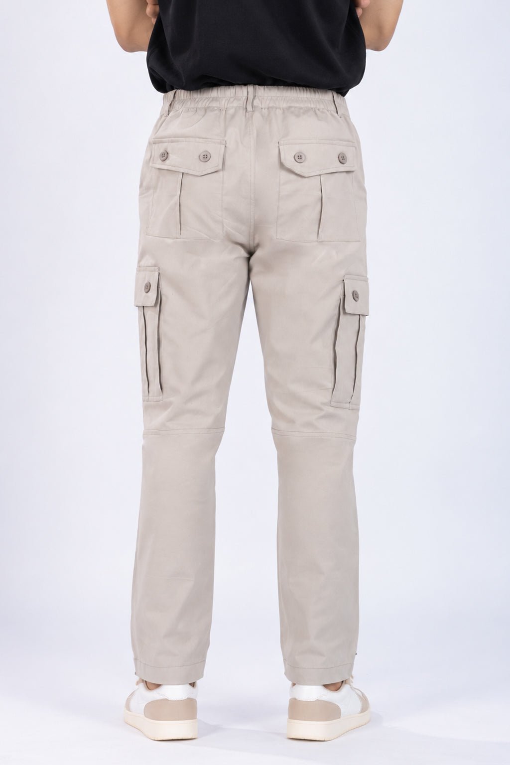 Sage green stretchable biowash HQ cotton travel cargo bottom with superior elastic belt. -Travel Cargo Pants
