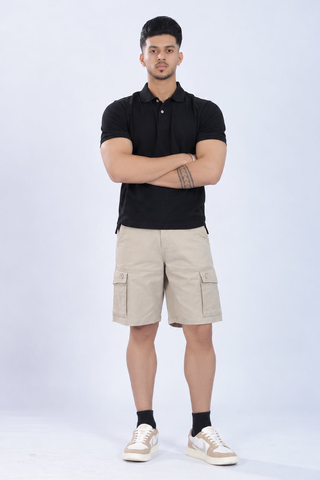 Sage green stretchable biowash HQ cotton travel shorts with superior elastic belt. -Travel shorts