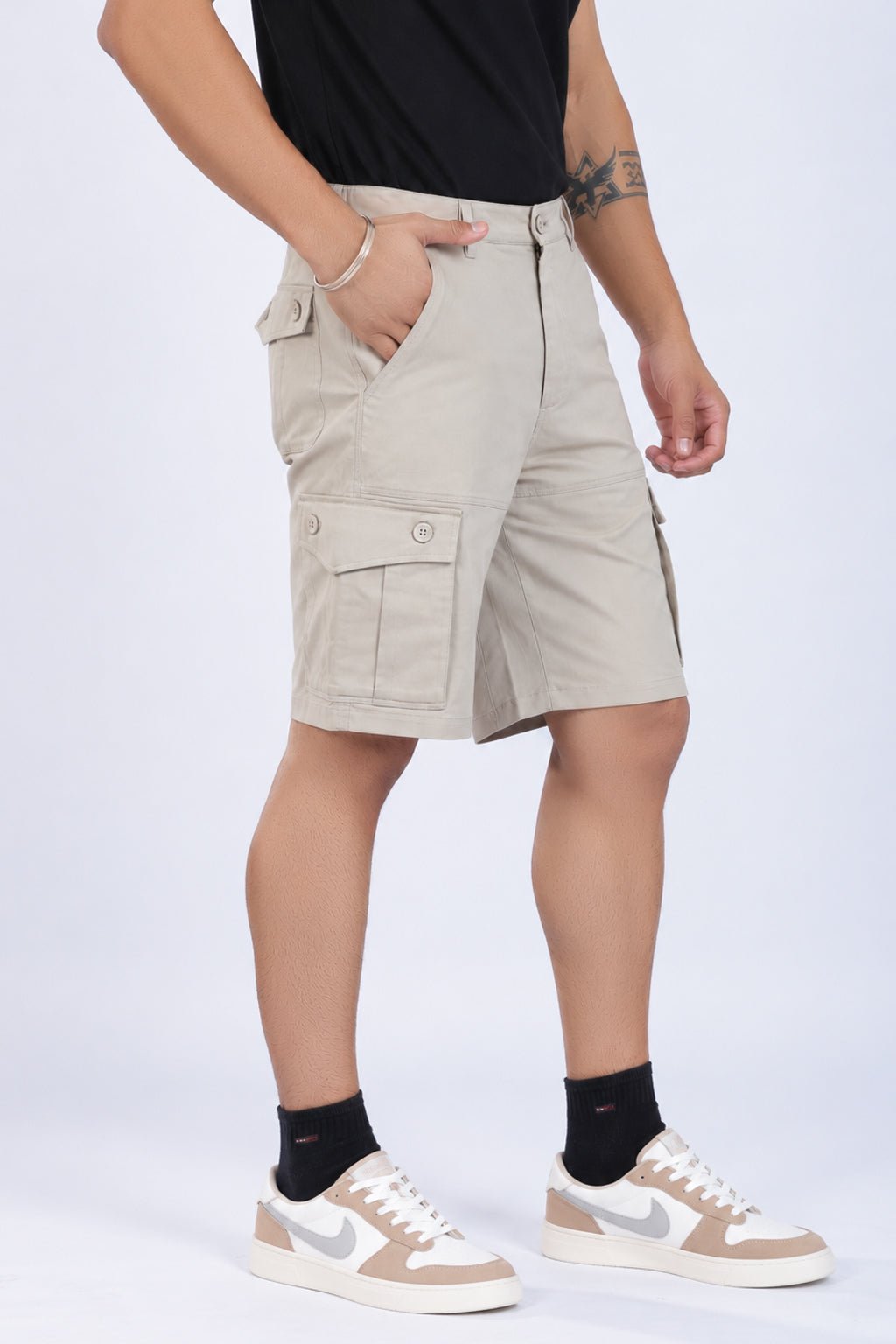 Sage green stretchable biowash HQ cotton travel shorts with superior elastic belt. -Travel shorts