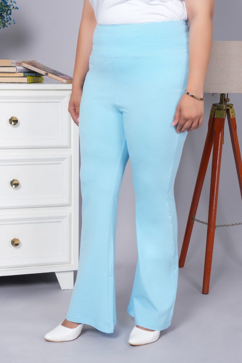 Sky blue stretchable biowash cotton flare pants with superior elastic belt. - Cotton flare