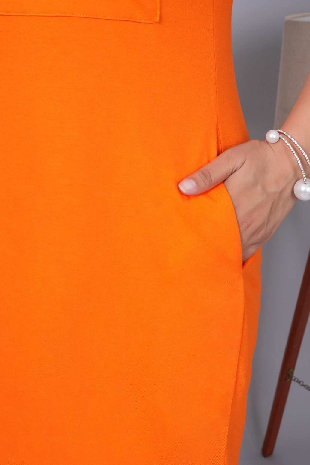 Spicy orange cotton round neck dress with flap pocket - Flap pocket dress