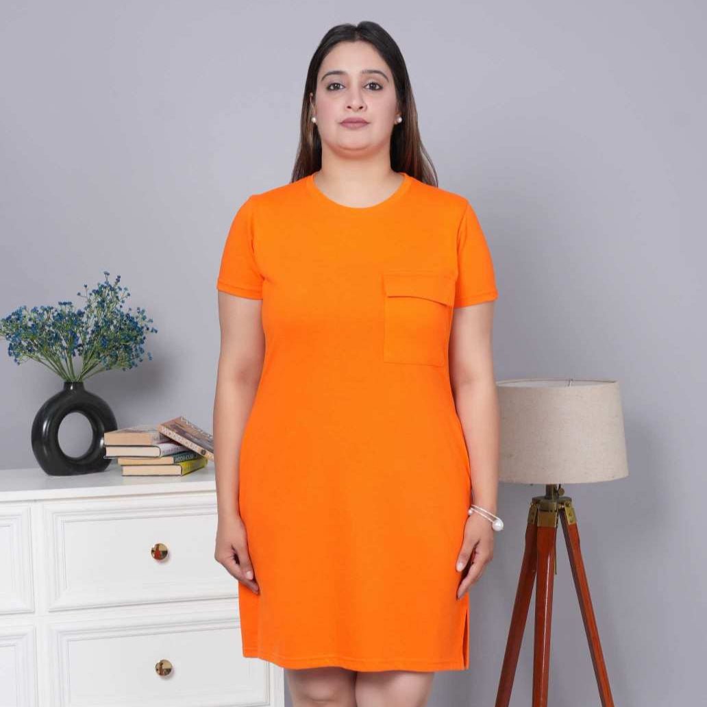Spicy orange cotton round neck dress with flap pocket
