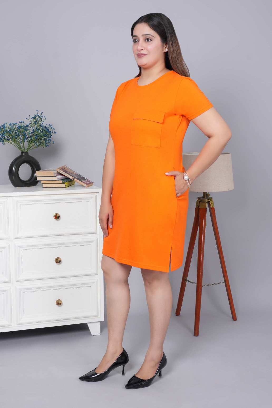 Spicy orange cotton round neck dress with flap pocket - Flap pocket dress