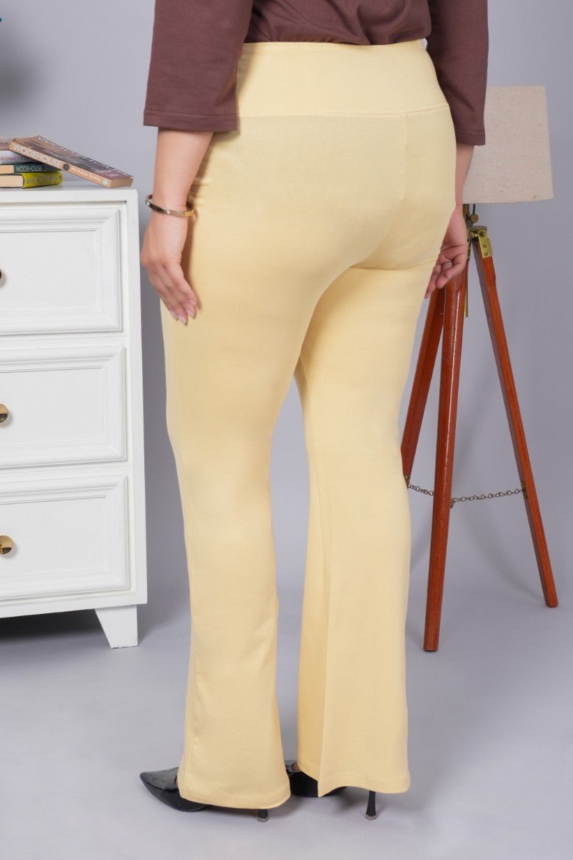 Tan stretchable biowash cotton flare pants with superior elastic belt. - Cotton flare