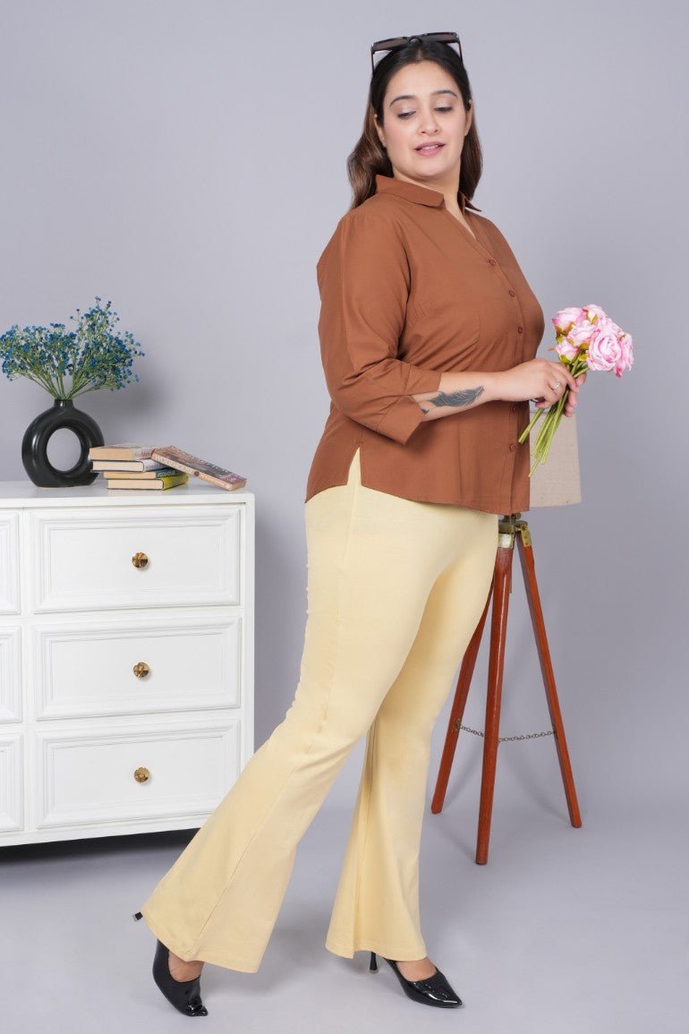 Tan stretchable biowash cotton flare pants with superior elastic belt. - Cotton flare
