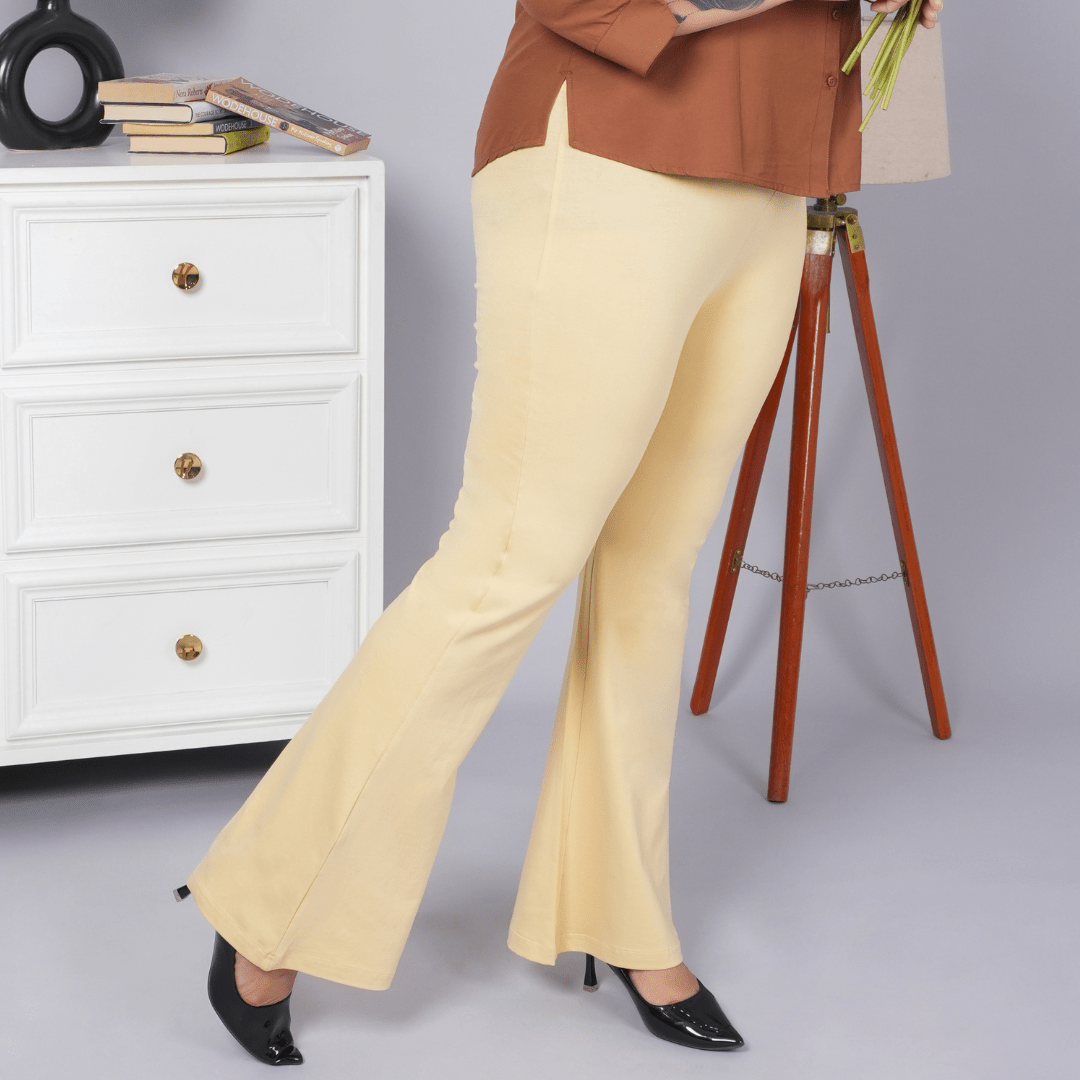 Tan stretchable biowash cotton flare pants with superior elastic belt. - Cotton flare