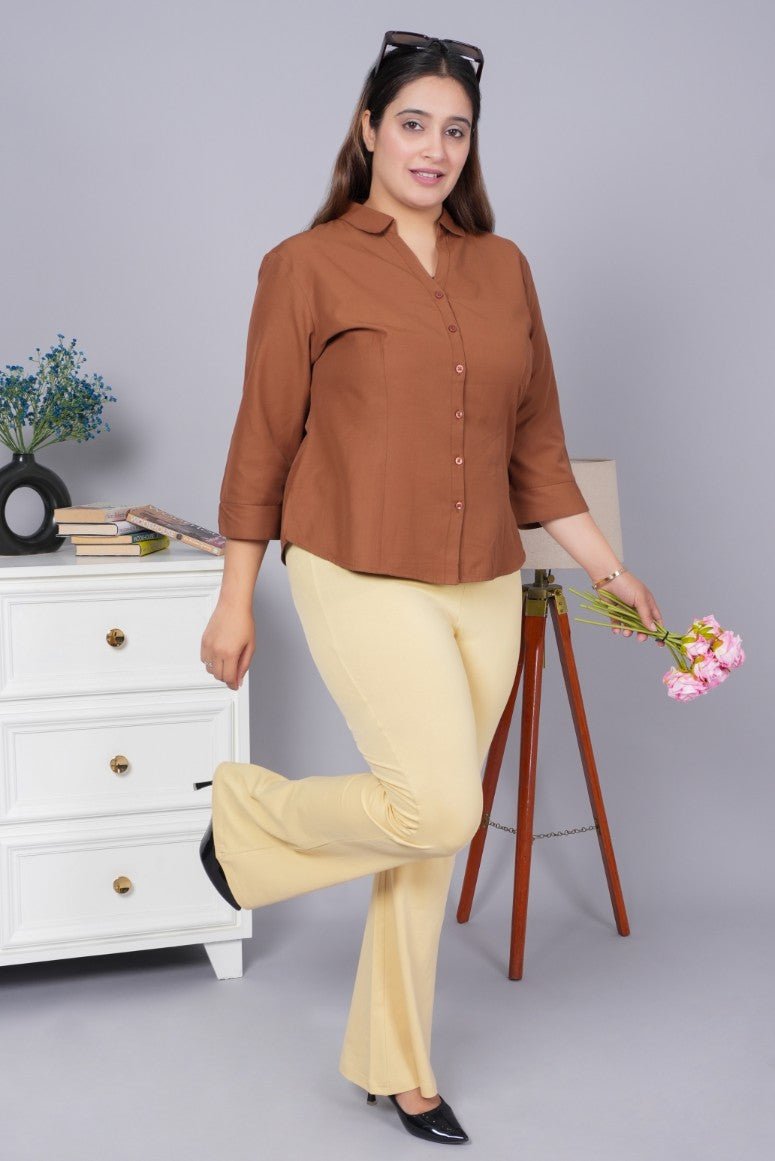 Tan stretchable biowash cotton flare pants with superior elastic belt. - Cotton flare