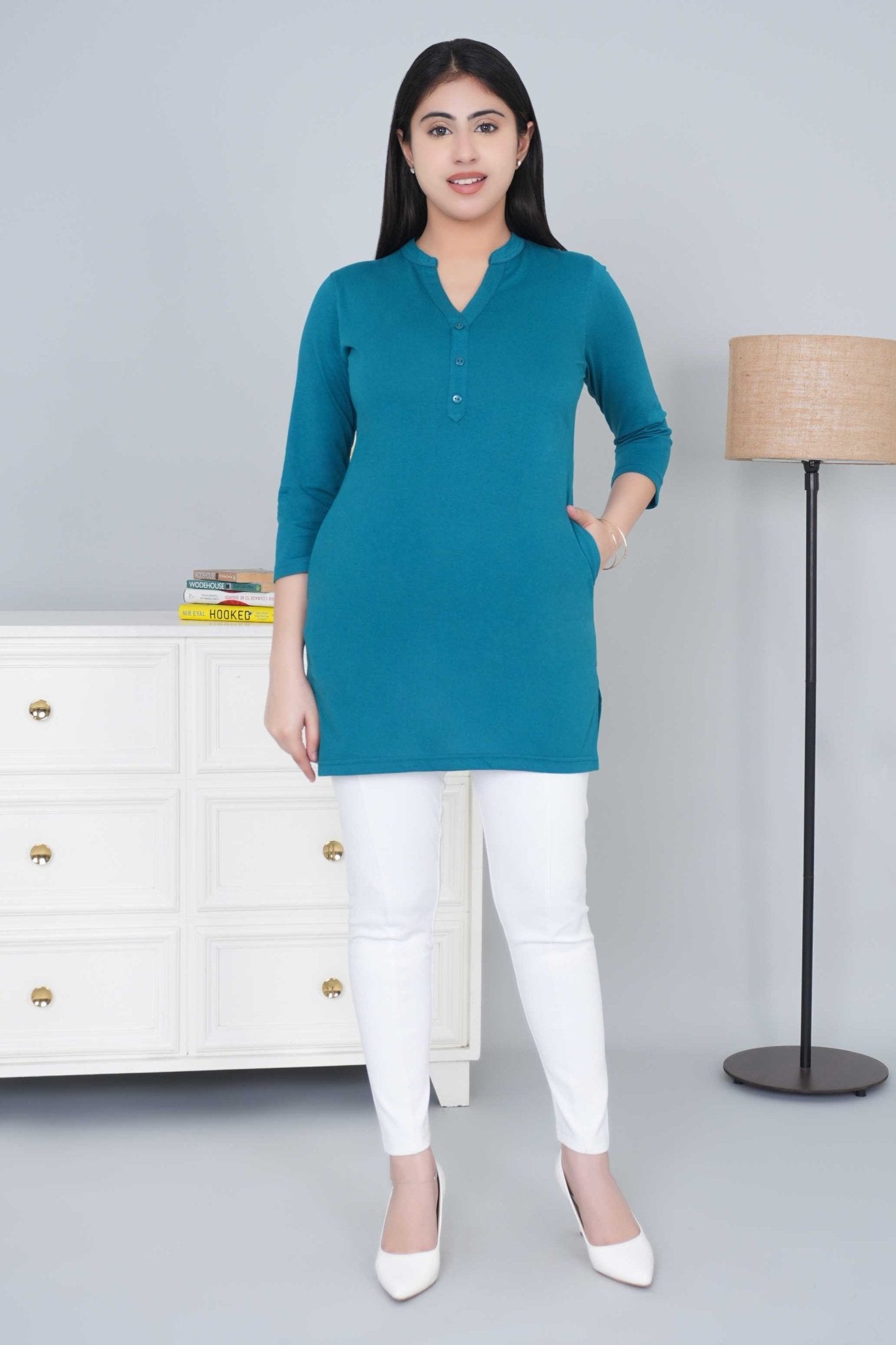 Teal cotton kurti tshirt with pockets (Copy) - Kurti tshirt
