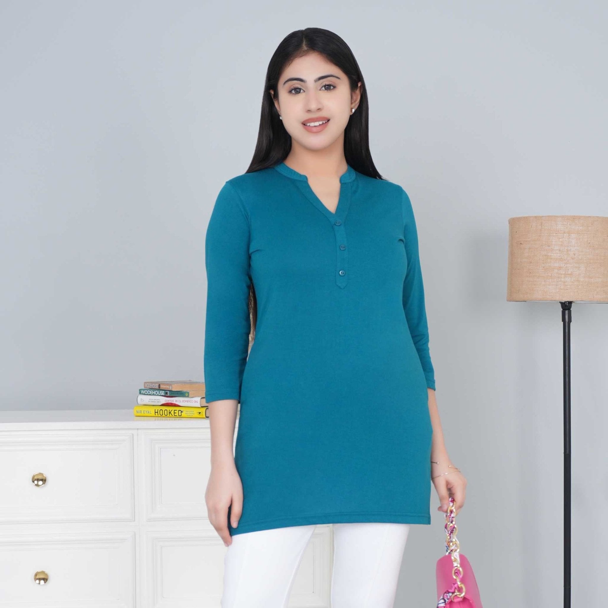 Teal cotton kurti tshirt with pockets (Copy) - Kurti tshirt