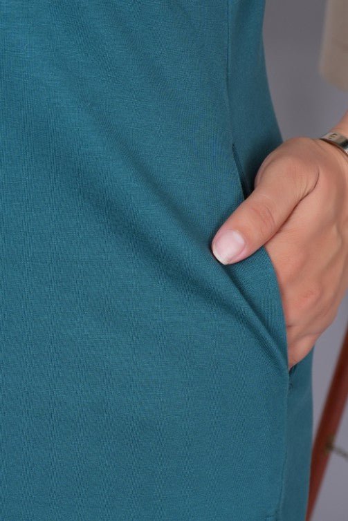 Teal long round neck cotton t-shirt with pockets - Long cotton t-shirt