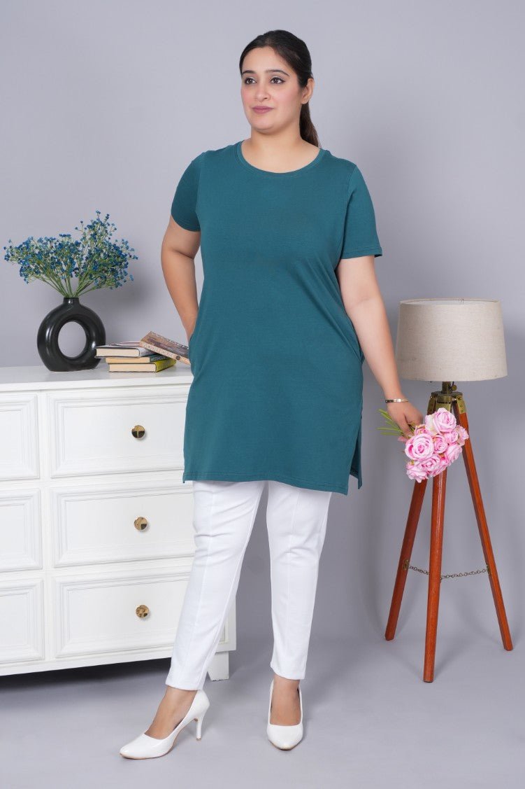 Teal long round neck cotton t-shirt with pockets - Long cotton t-shirt