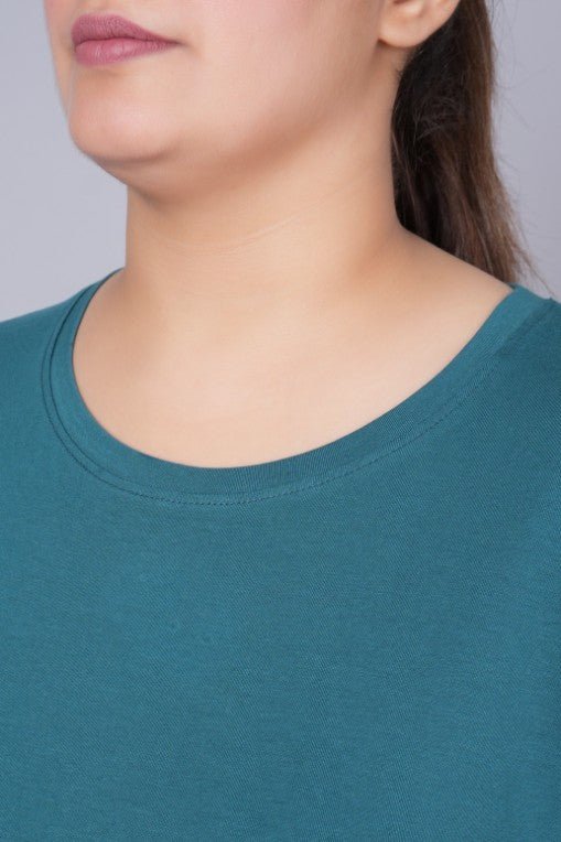 Teal long round neck cotton t-shirt with pockets - Long cotton t-shirt