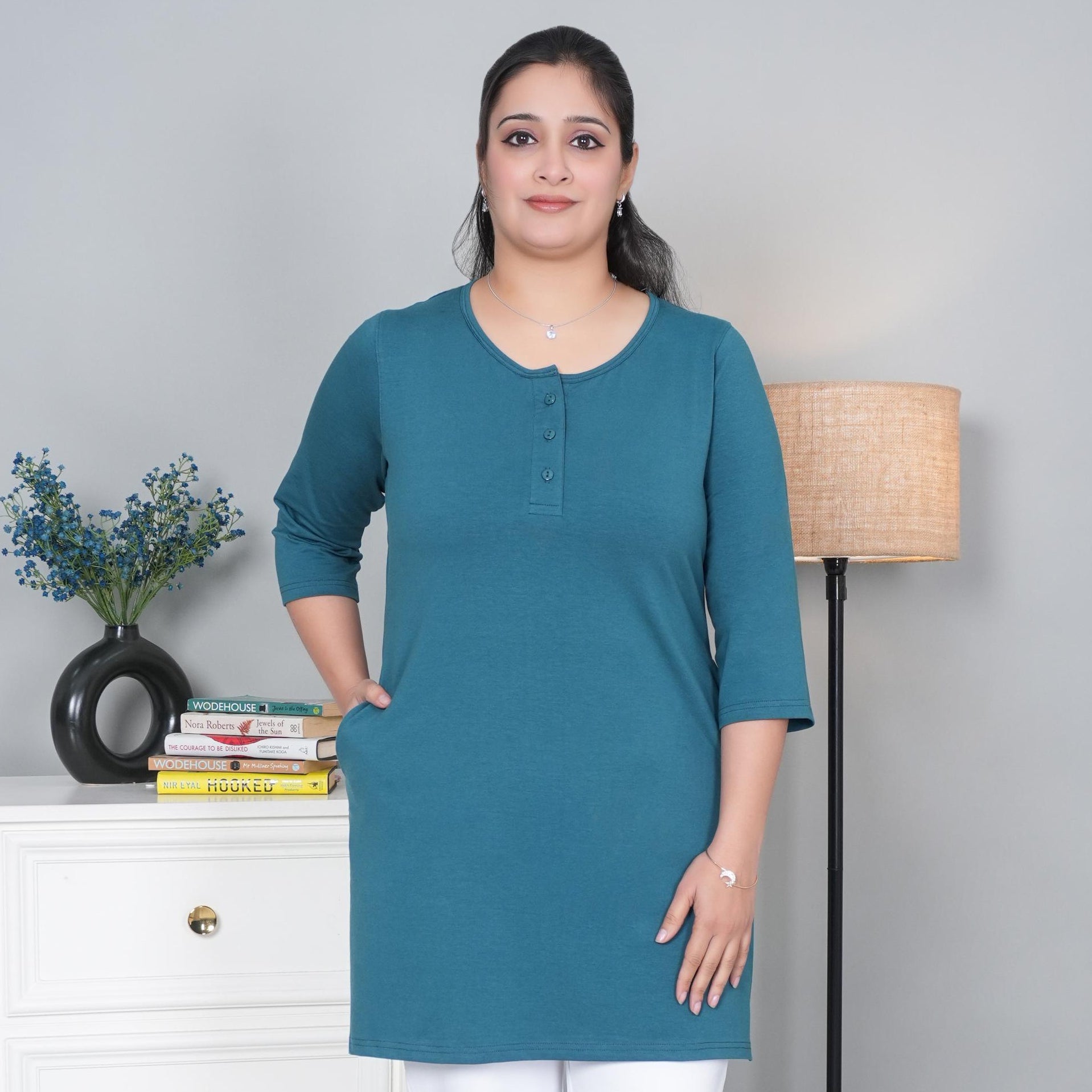 Teal long round neck henley cotton lycra t-shirt with pockets - Long cotton t-shirt