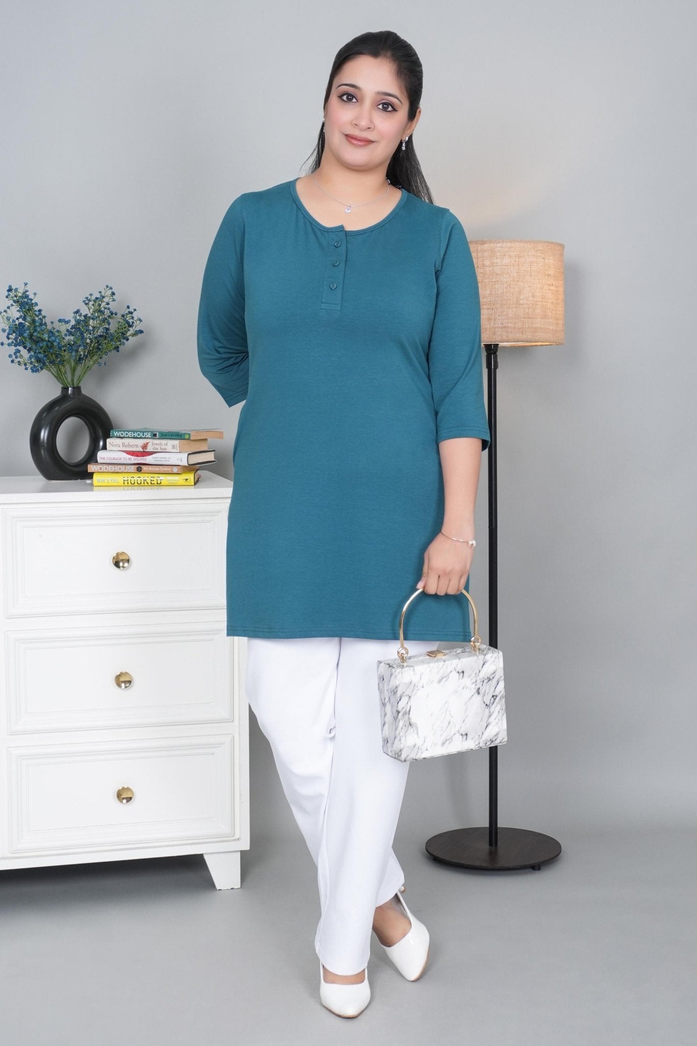Teal long round neck henley cotton lycra t-shirt with pockets - Long cotton t-shirt