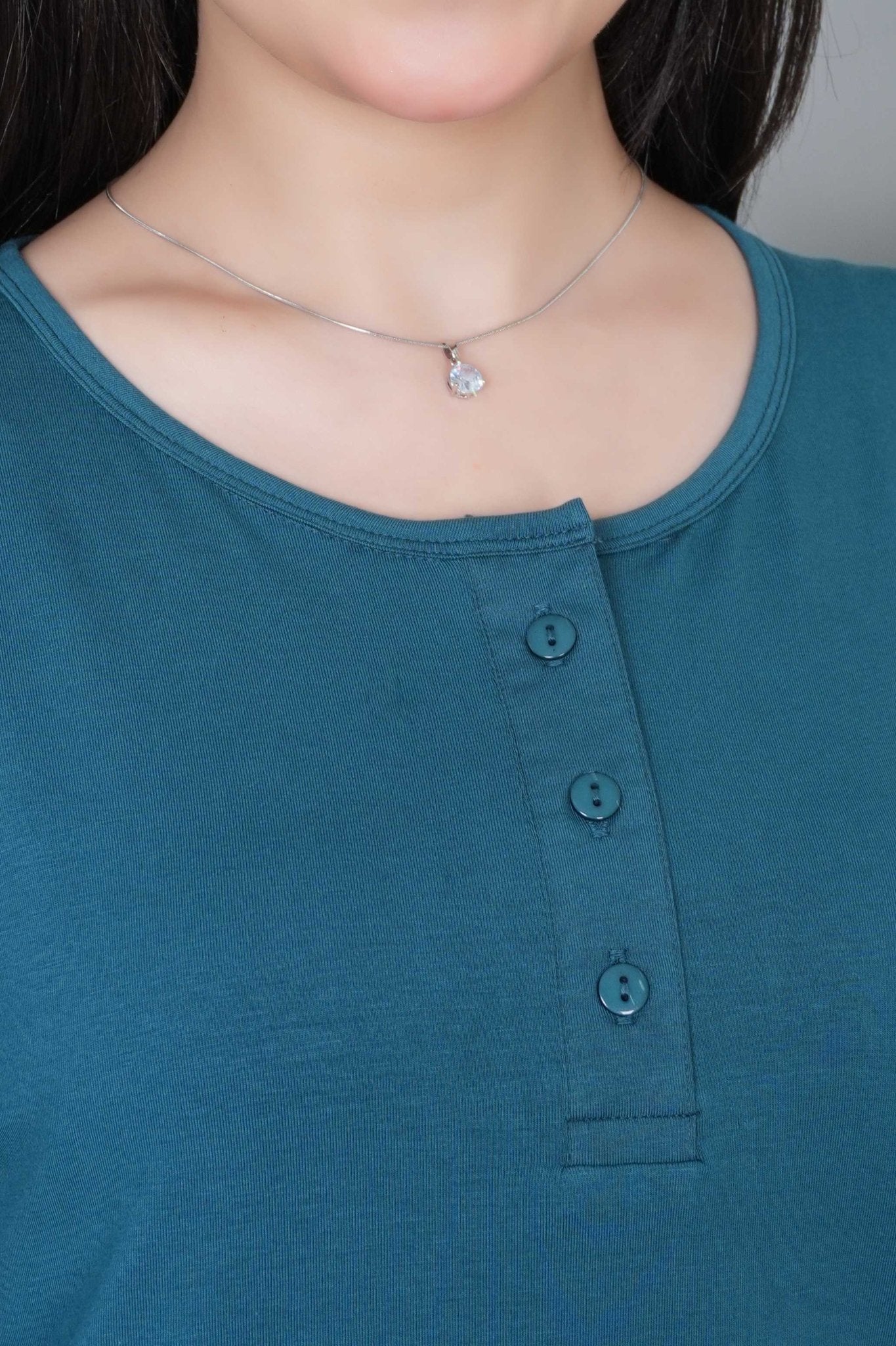 Teal long round neck henley cotton lycra t-shirt with pockets - Long cotton t-shirt