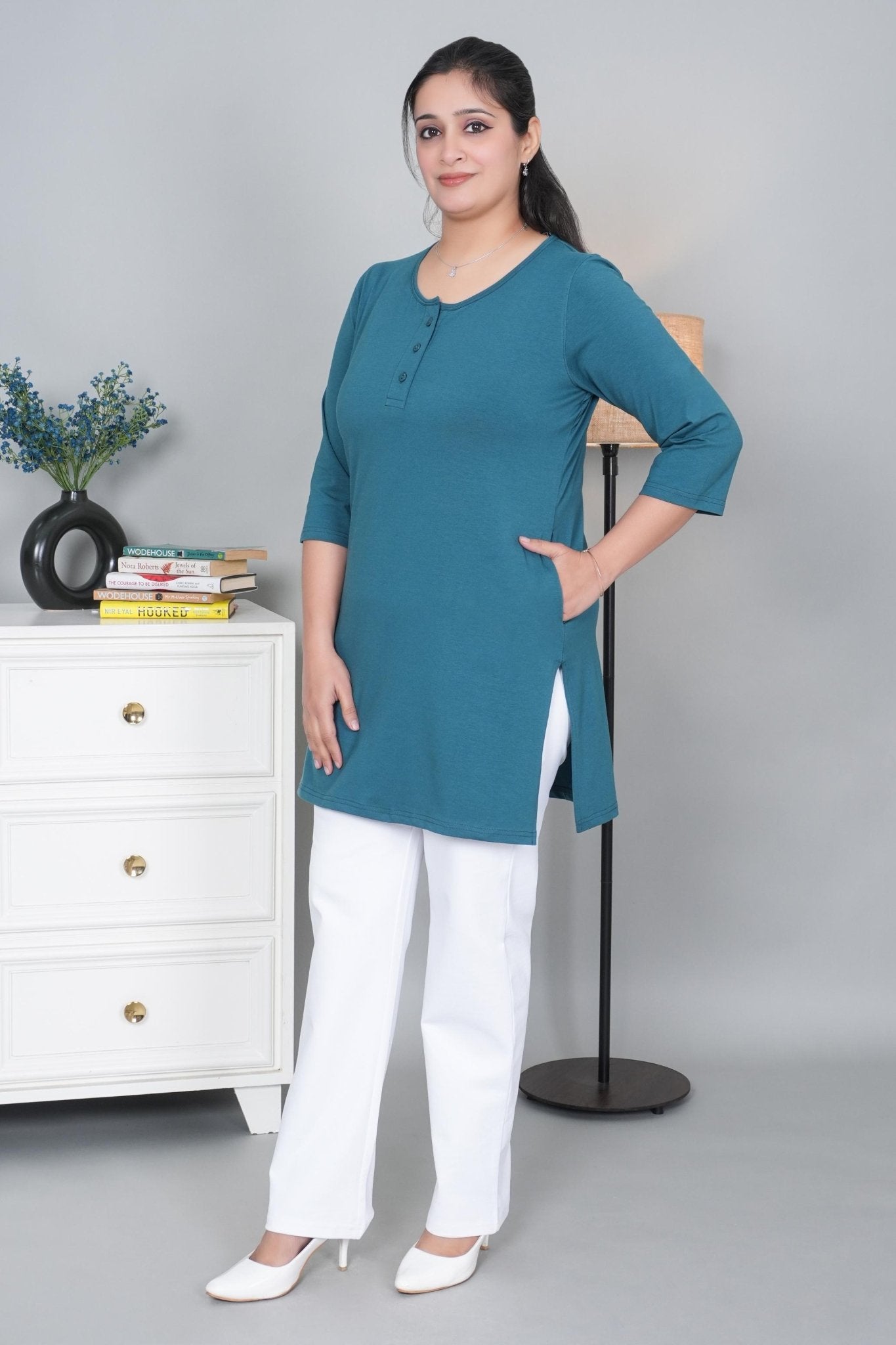 Teal long round neck henley cotton lycra t-shirt with pockets - Long cotton t-shirt
