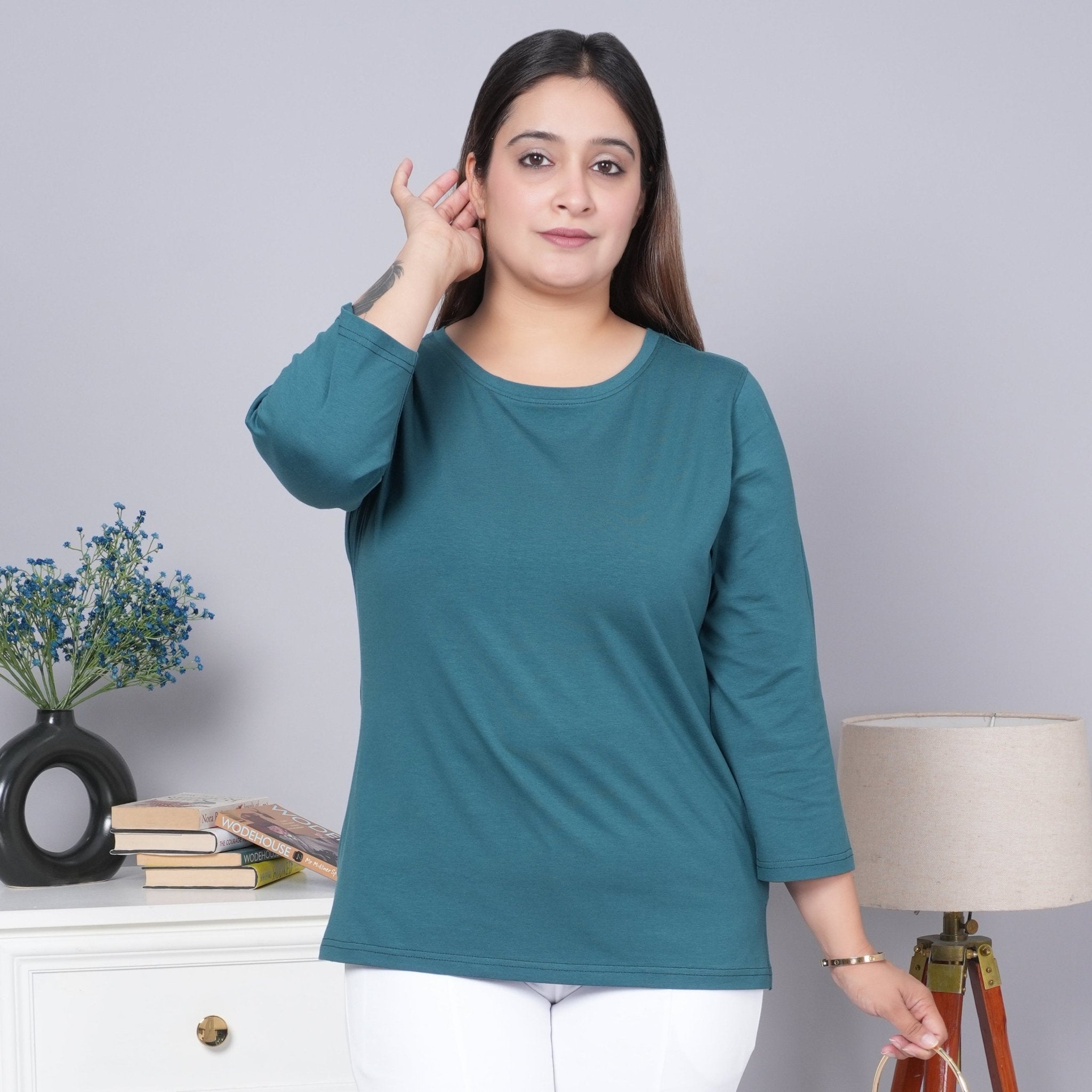 Teal Round Neck Cotton 3/4 Sleeve T Shirt - Cotton t shirt