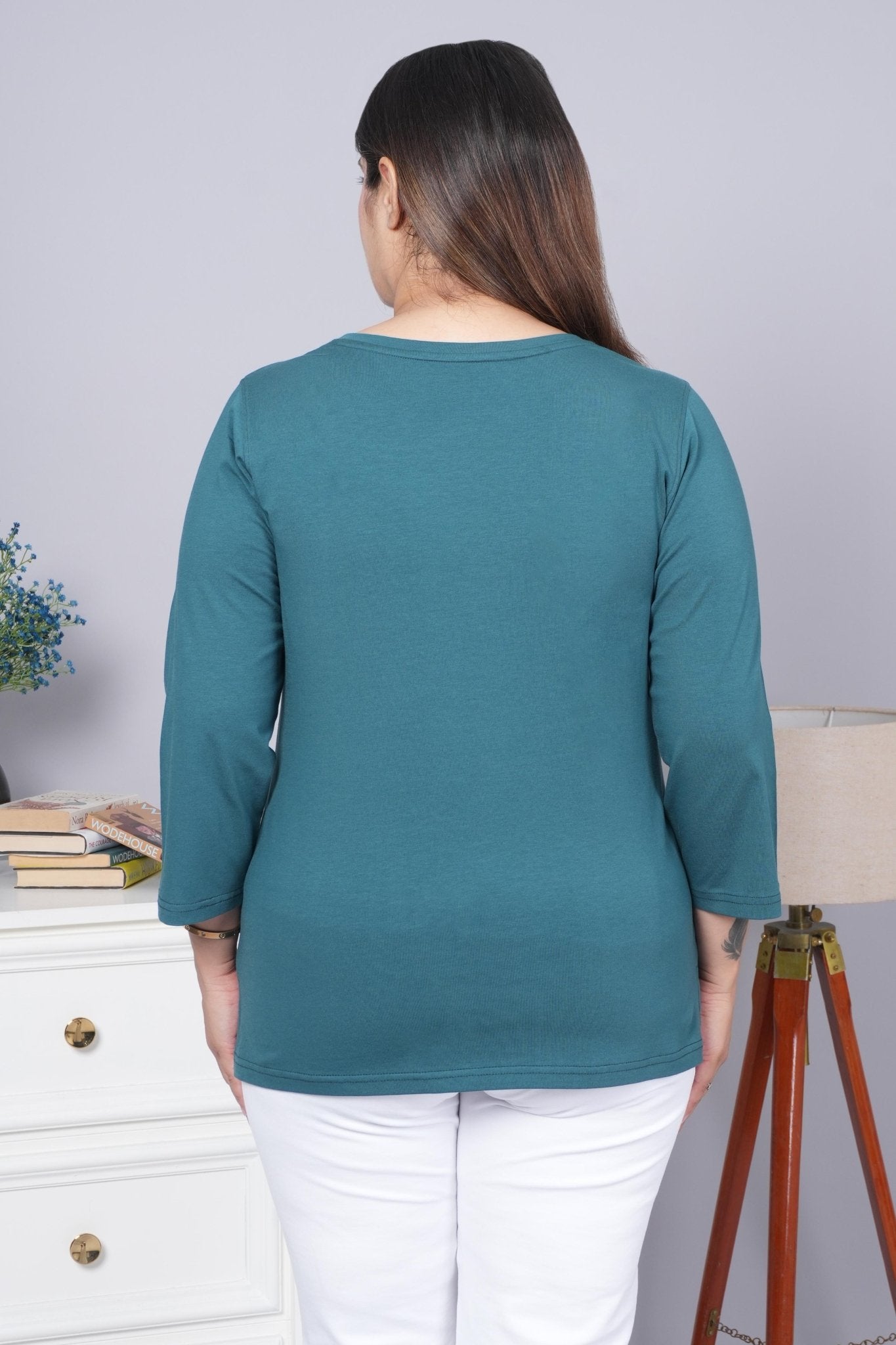 Teal Round Neck Cotton 3/4 Sleeve T Shirt - Cotton t shirt
