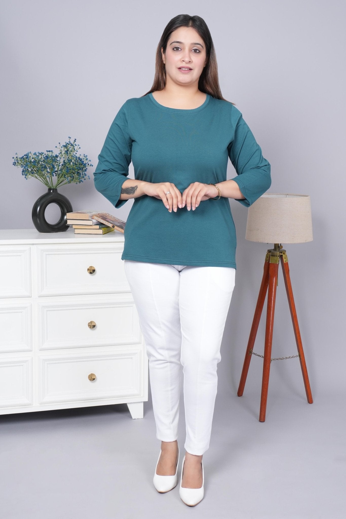 Teal Round Neck Cotton 3/4 Sleeve T Shirt - Cotton t shirt