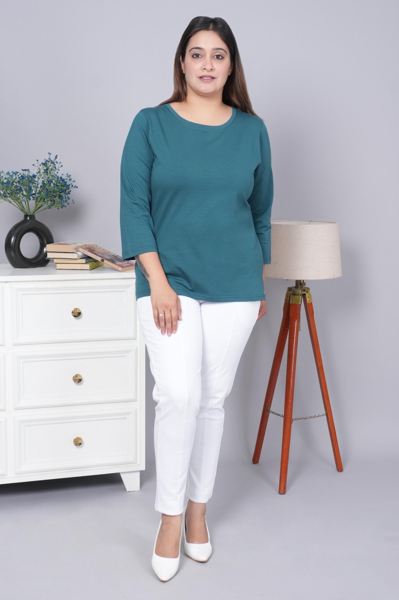 Teal Round Neck Cotton 3/4 Sleeve T Shirt - Cotton t shirt