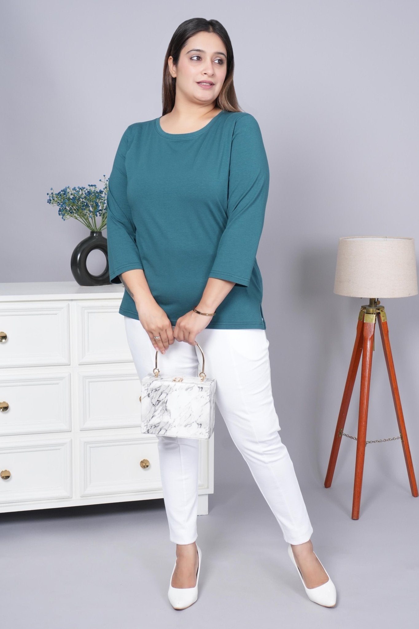 Teal Round Neck Cotton 3/4 Sleeve T Shirt - Cotton t shirt