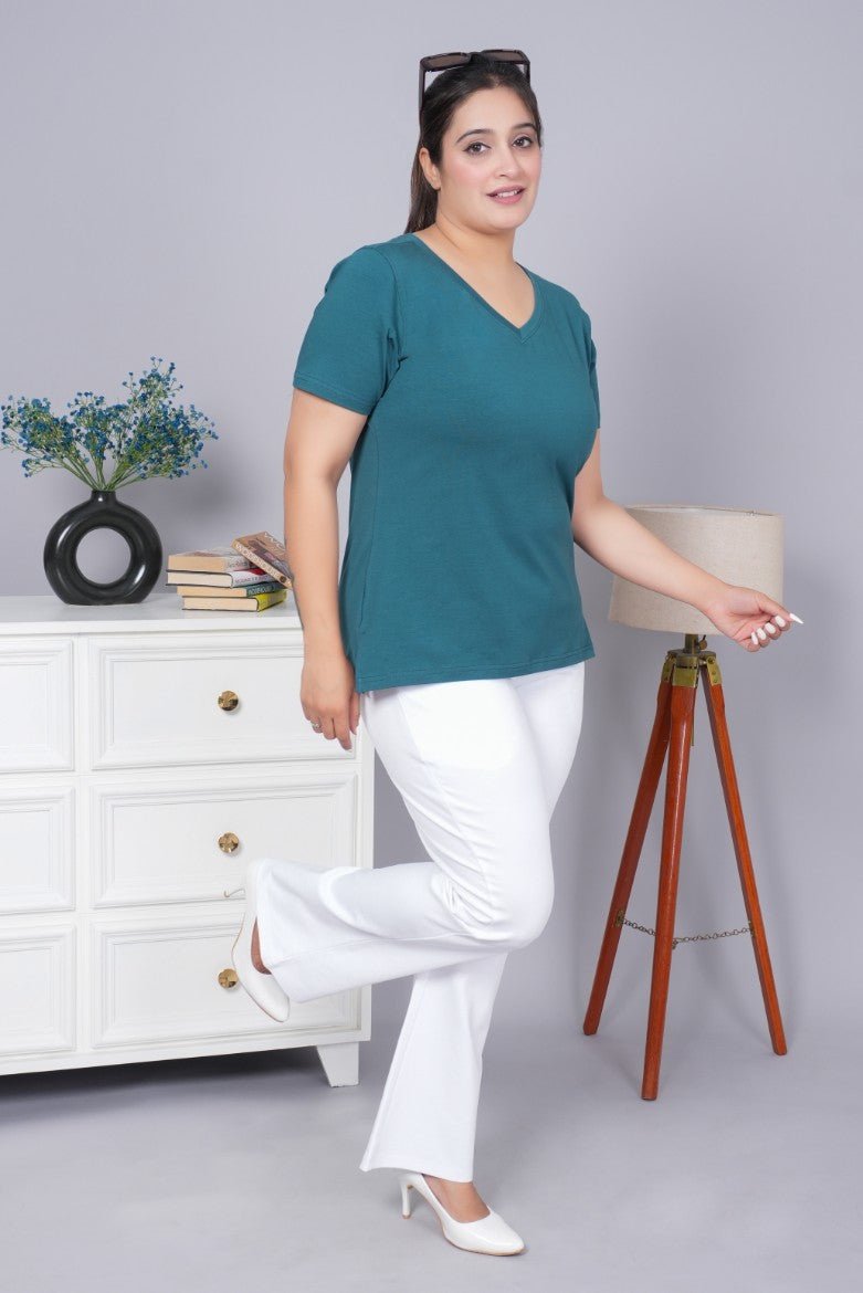 Teal v neck cotton t-shirt with pockets - Long cotton v neck t-shirt