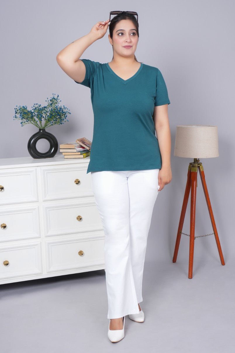 Teal v neck cotton t-shirt with pockets - Long cotton v neck t-shirt
