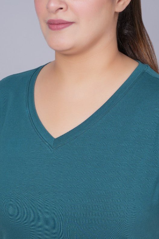 Teal v neck cotton t-shirt with pockets - Long cotton v neck t-shirt