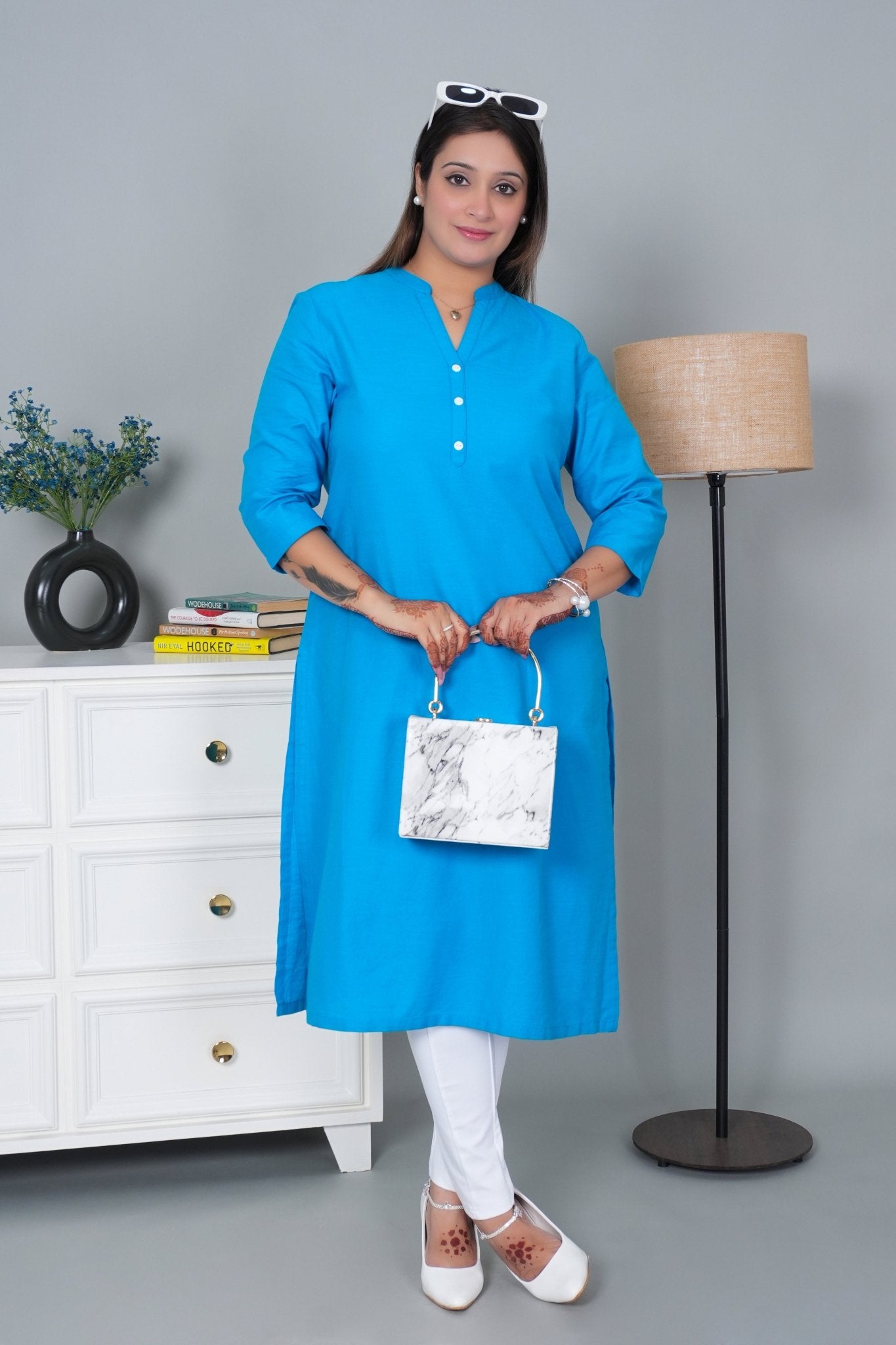 Turquoise blue 100% Premium Cotton Long Kurta - Long kurta