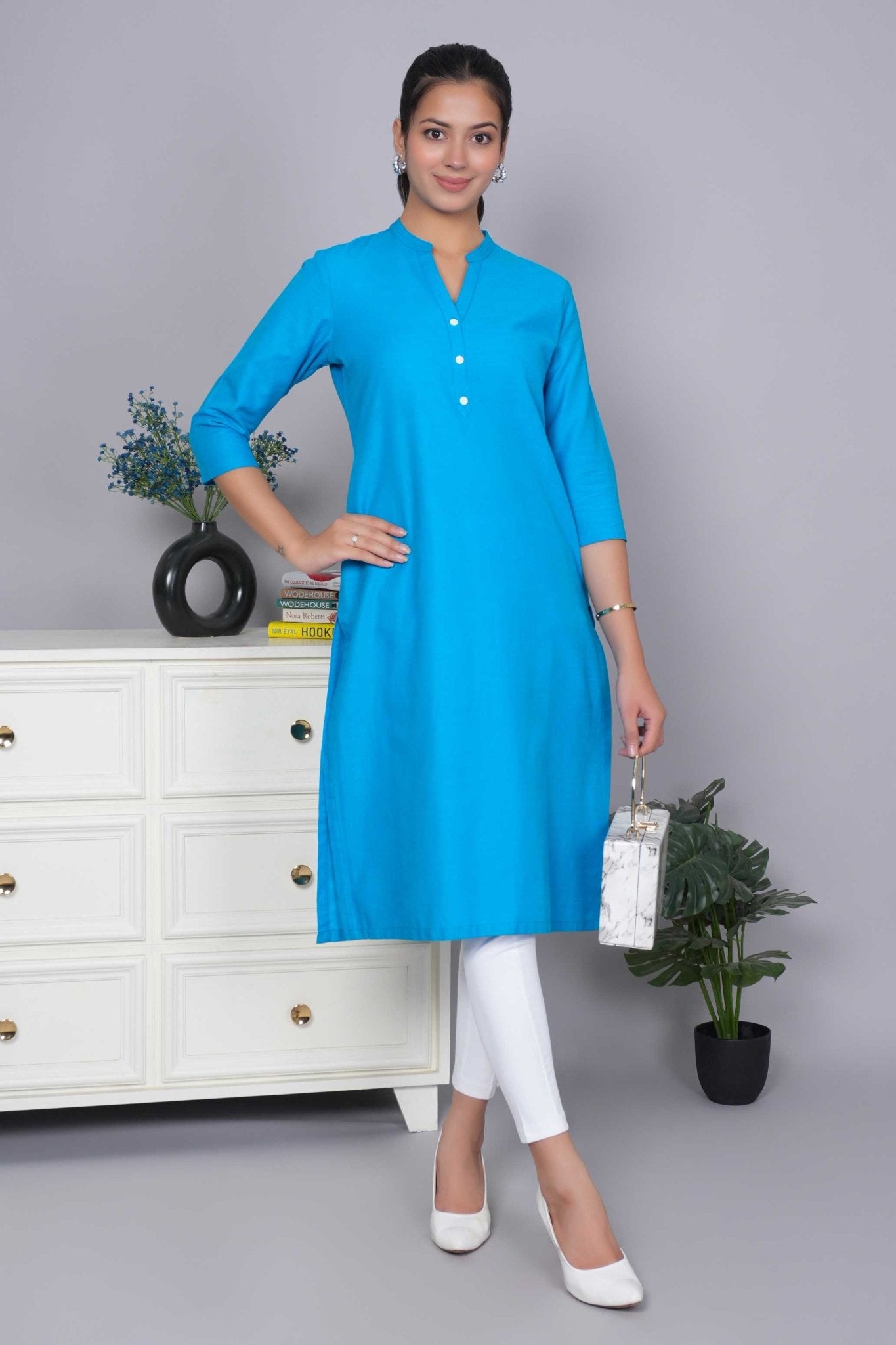 Turquoise blue 100% Premium Cotton Long Kurta - Long kurta