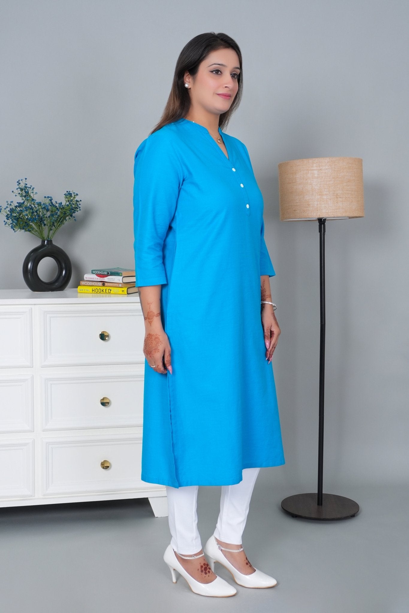 Turquoise blue 100% Premium Cotton Long Kurta - Long kurta