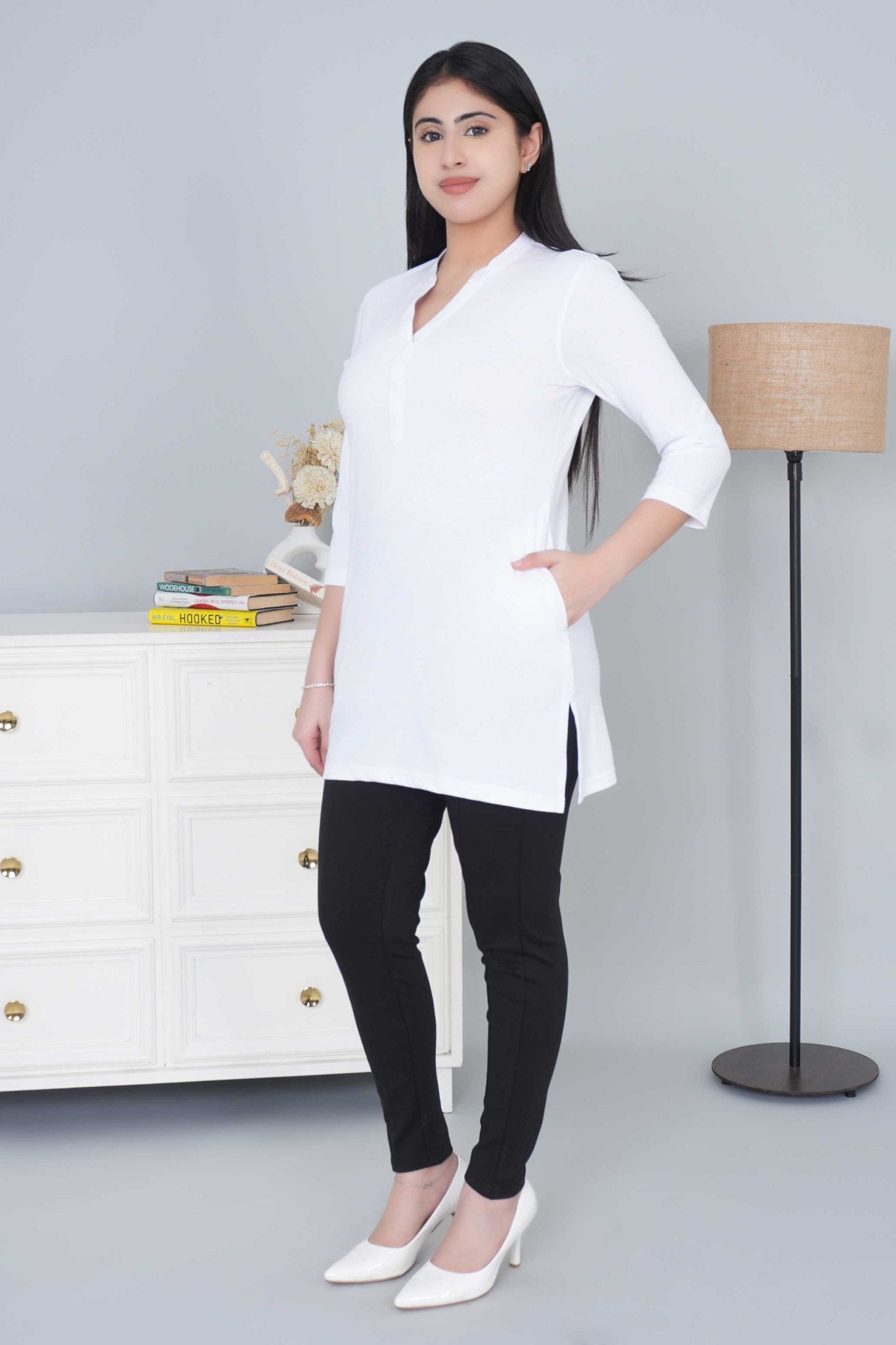White cotton kurti tshirt with pockets - Kurti tshirt