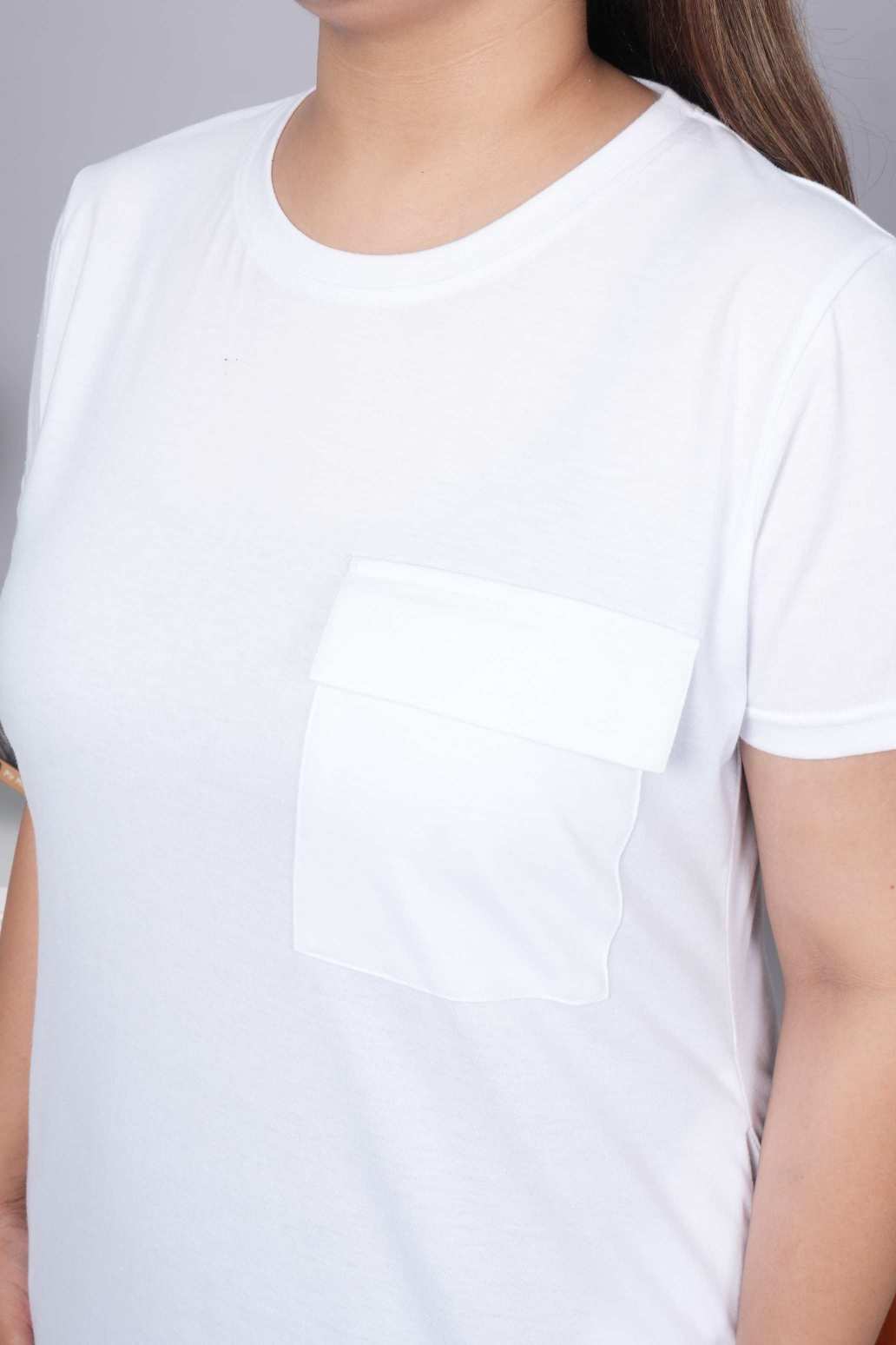 White cotton round neck dress with flap pocket - Flap pocket dress