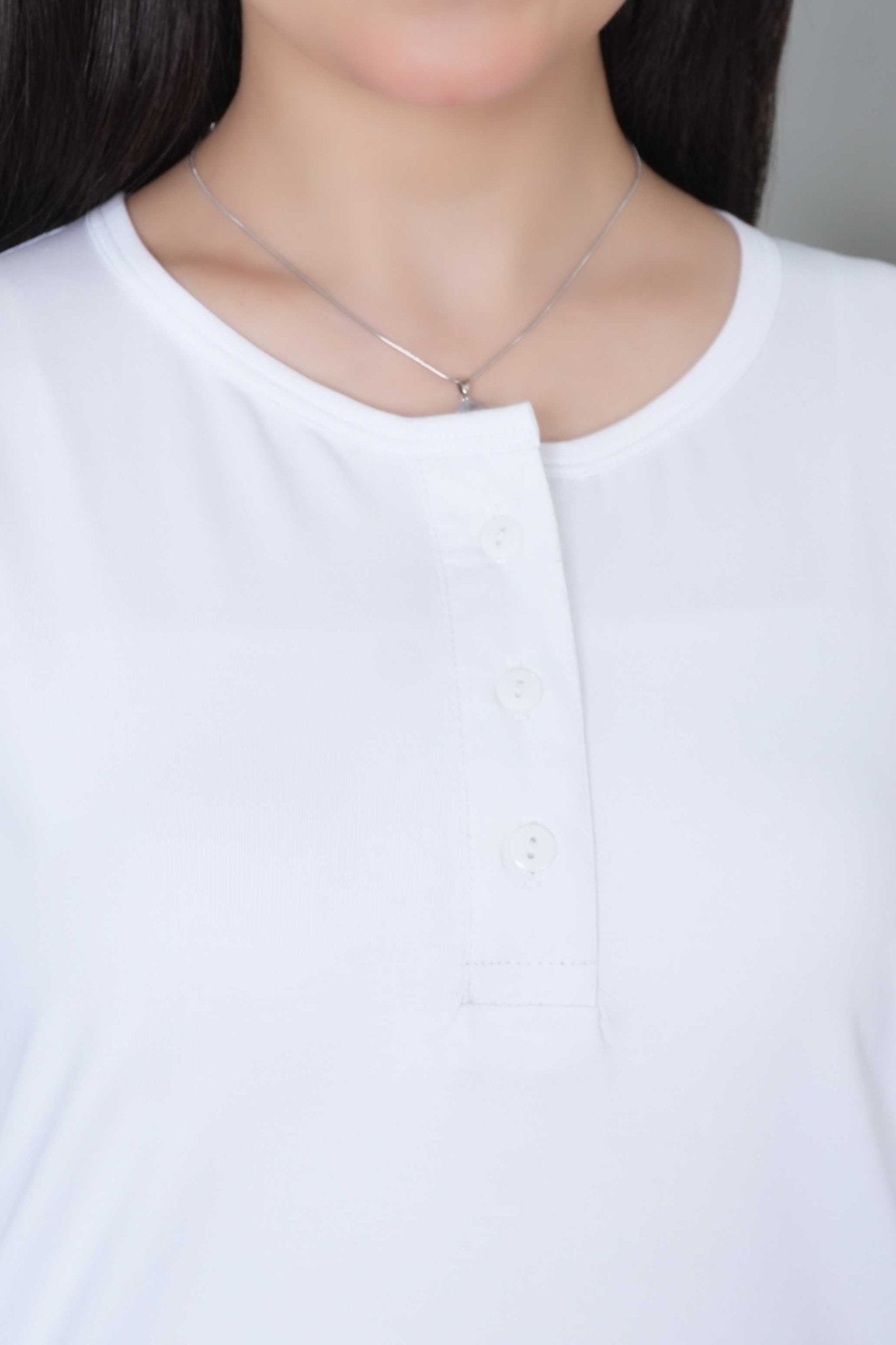 White long round neck henley cotton lycra t-shirt with pockets - Long cotton t-shirt