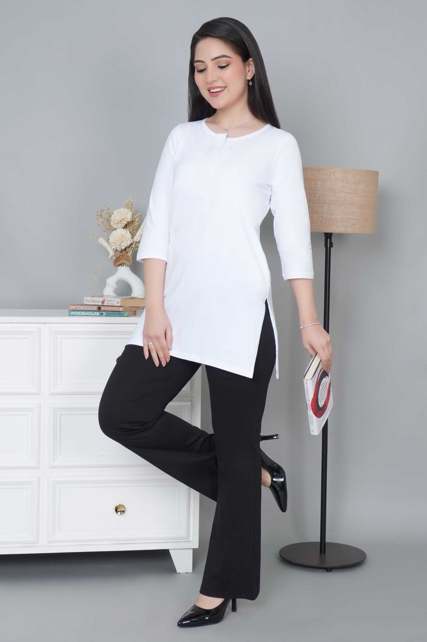 White long round neck henley cotton lycra t-shirt with pockets - Long cotton t-shirt