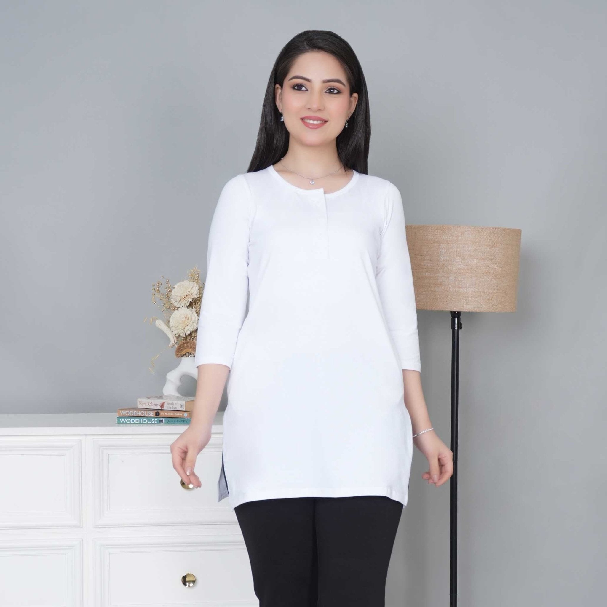 White long round neck henley cotton lycra t-shirt with pockets - Long cotton t-shirt