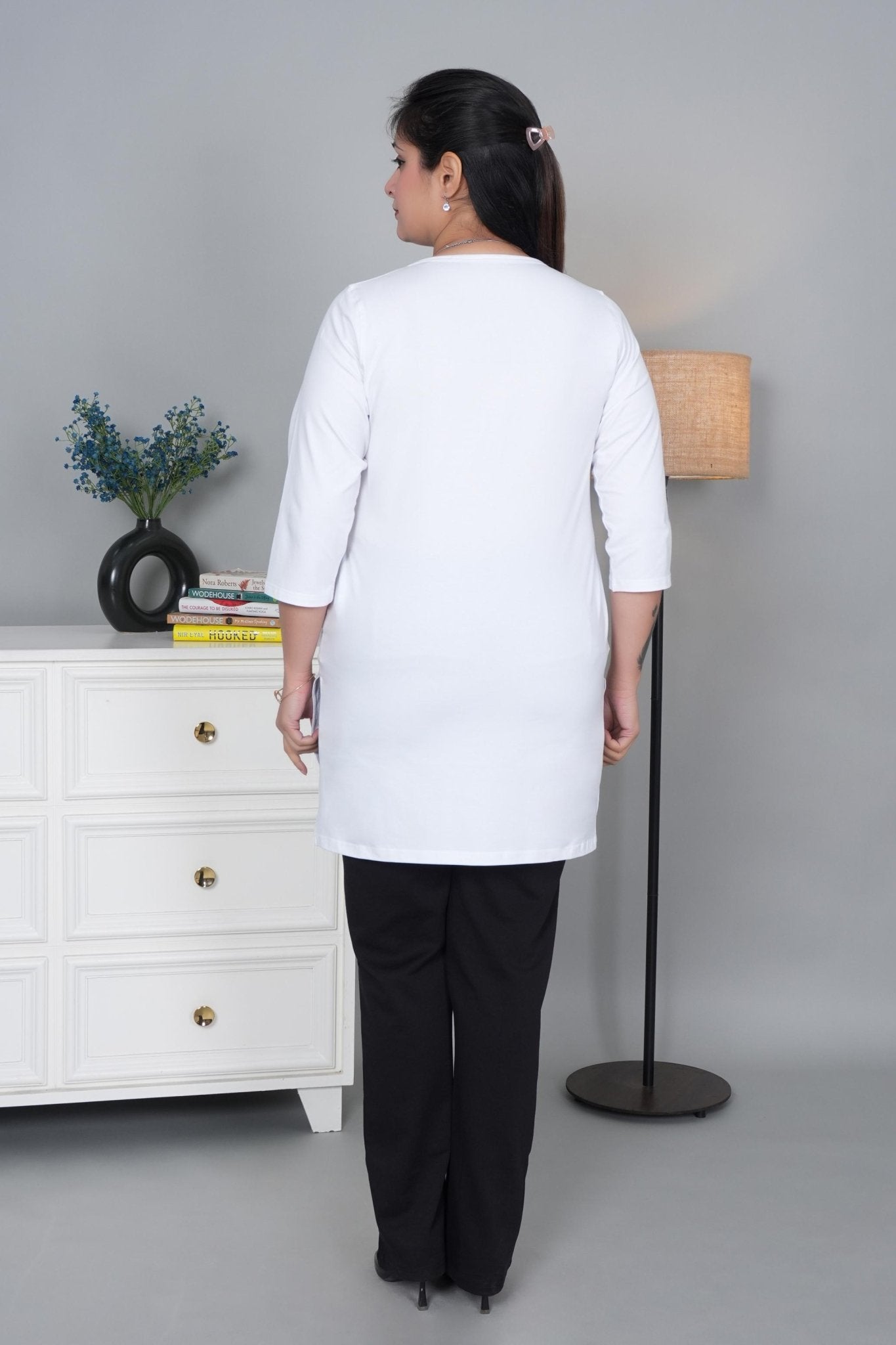 White long round neck henley cotton lycra t-shirt with pockets - Long cotton t-shirt