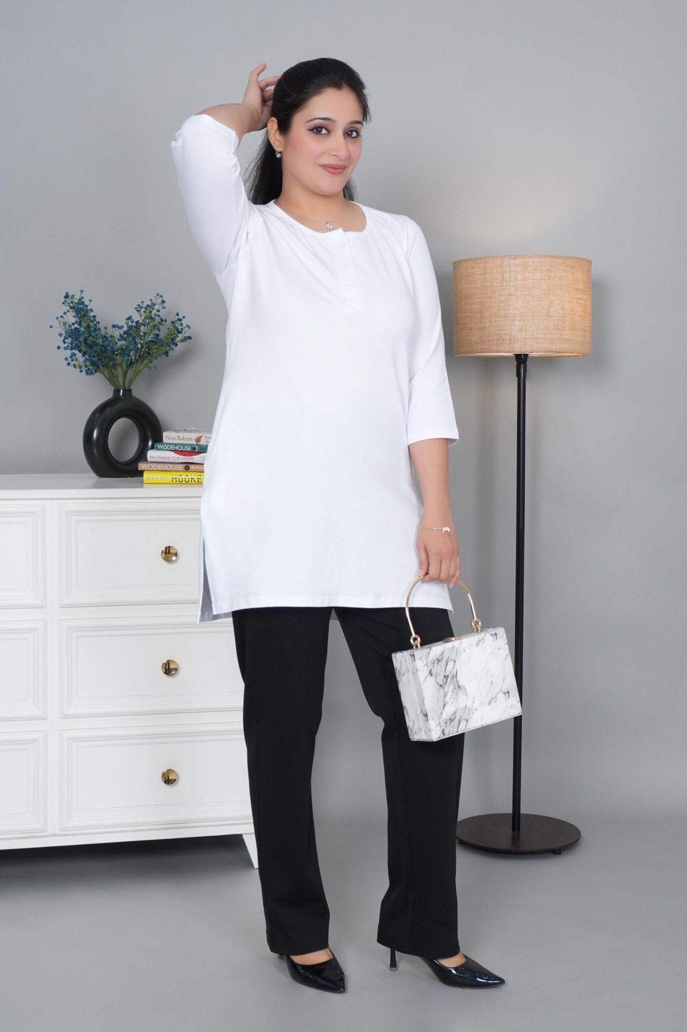 White long round neck henley cotton lycra t-shirt with pockets - Long cotton t-shirt