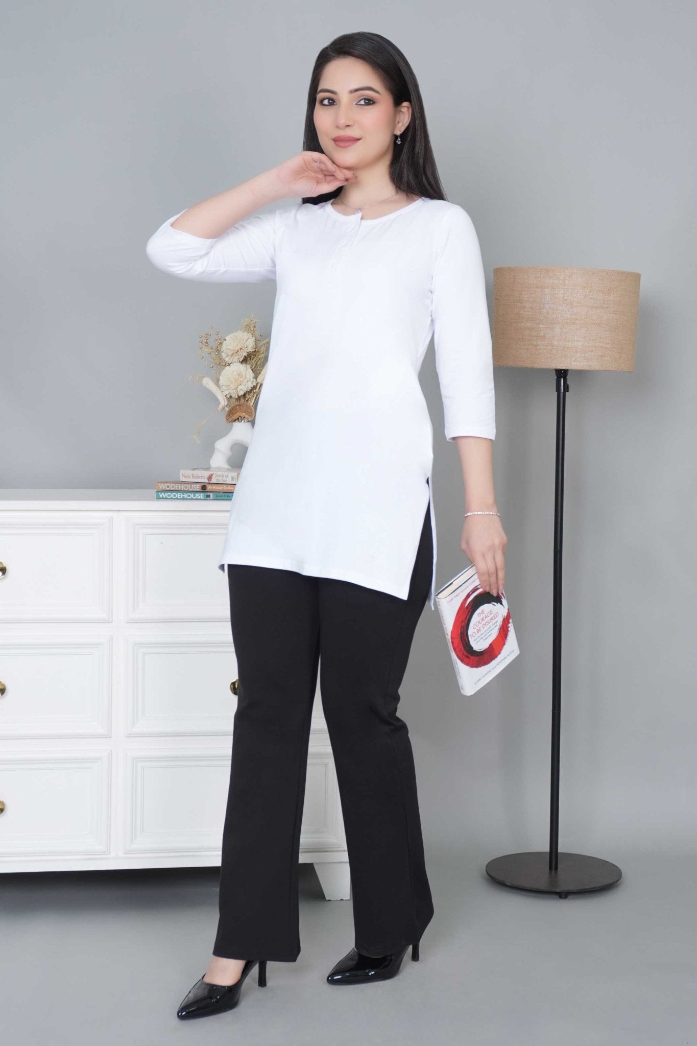 White long round neck henley cotton lycra t-shirt with pockets - Long cotton t-shirt
