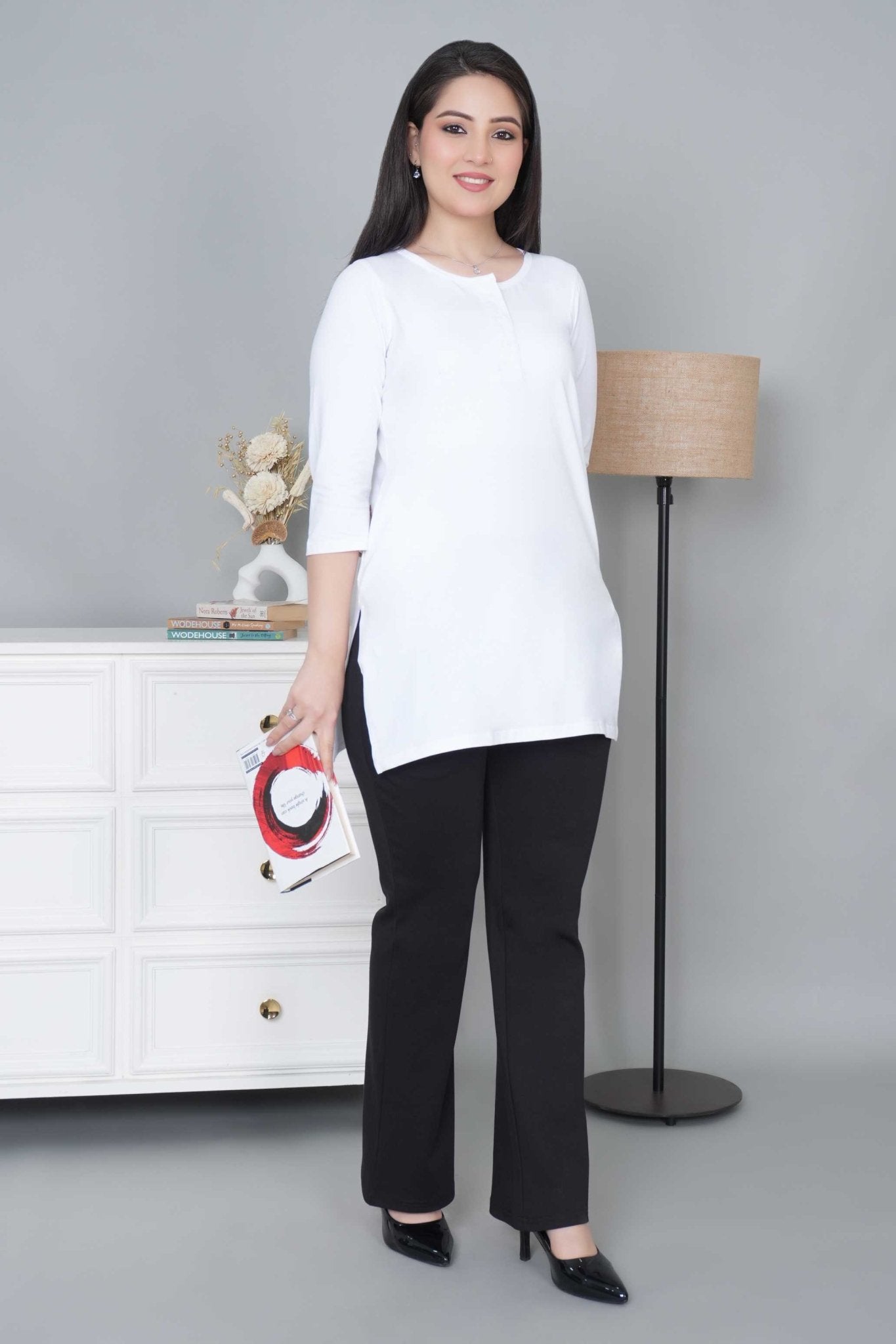 White long round neck henley cotton lycra t-shirt with pockets - Long cotton t-shirt