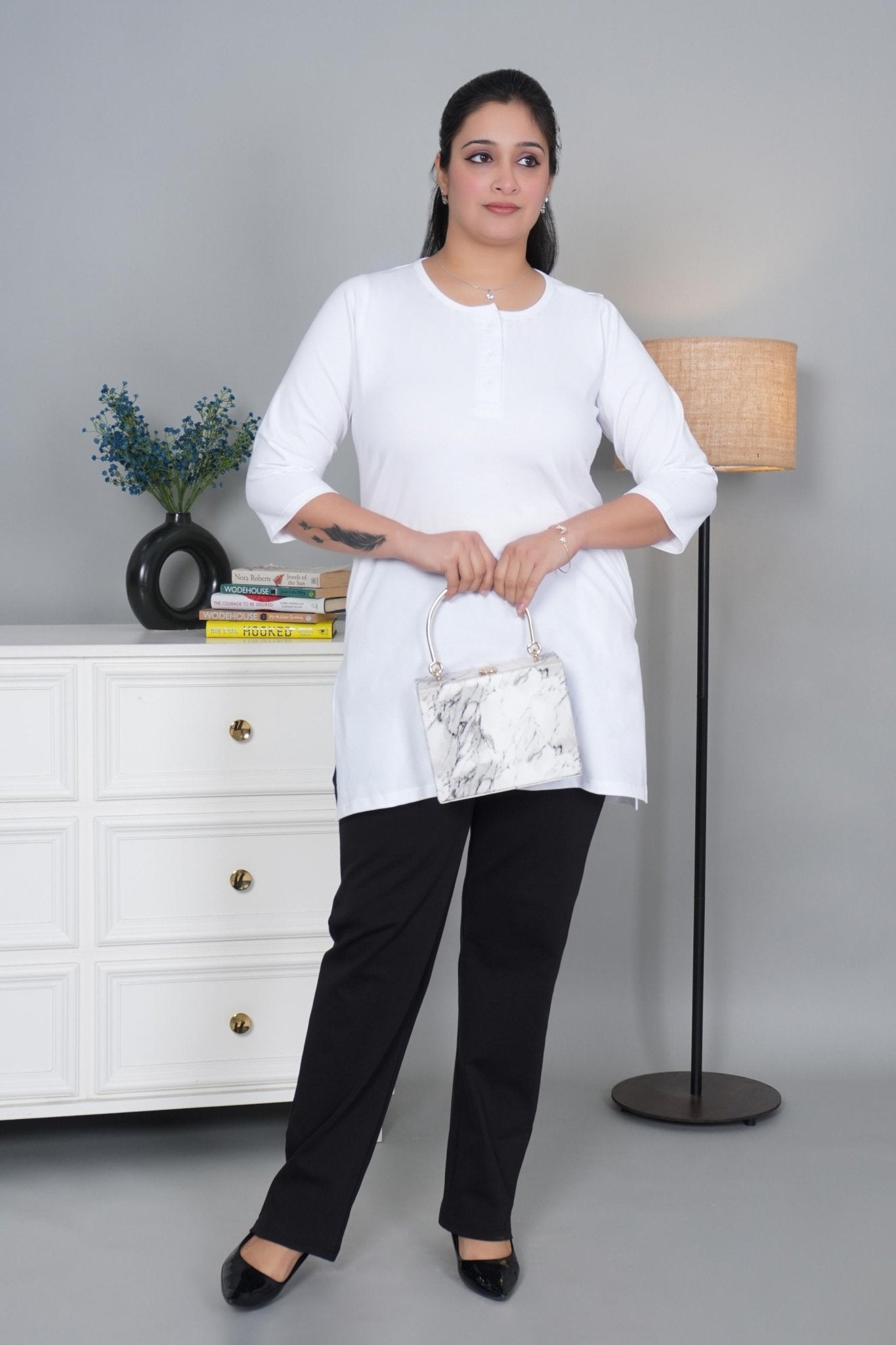 White long round neck henley cotton lycra t-shirt with pockets - Long cotton t-shirt