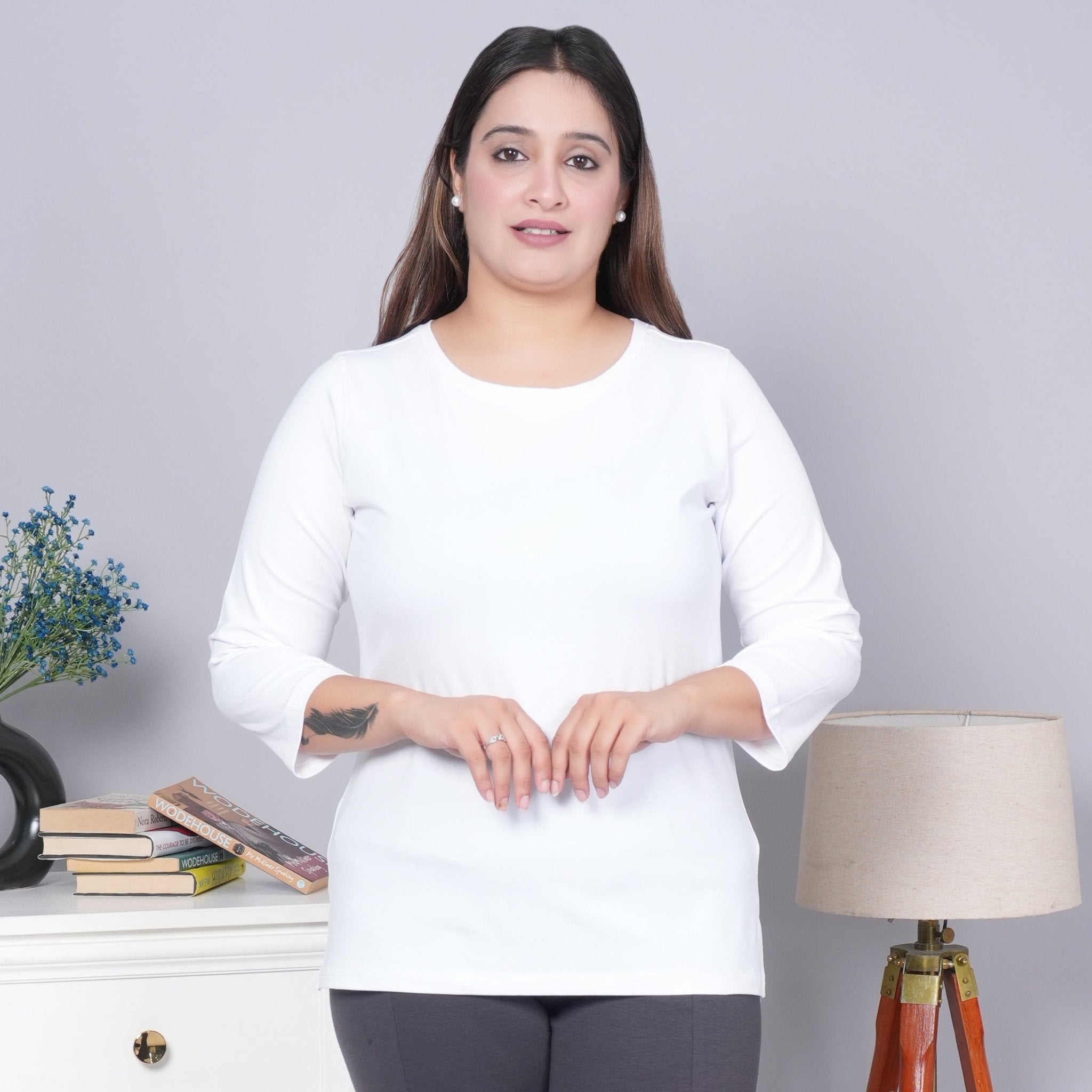 White Round Neck Cotton 3/4 Sleeve T Shirt - Cotton t shirt
