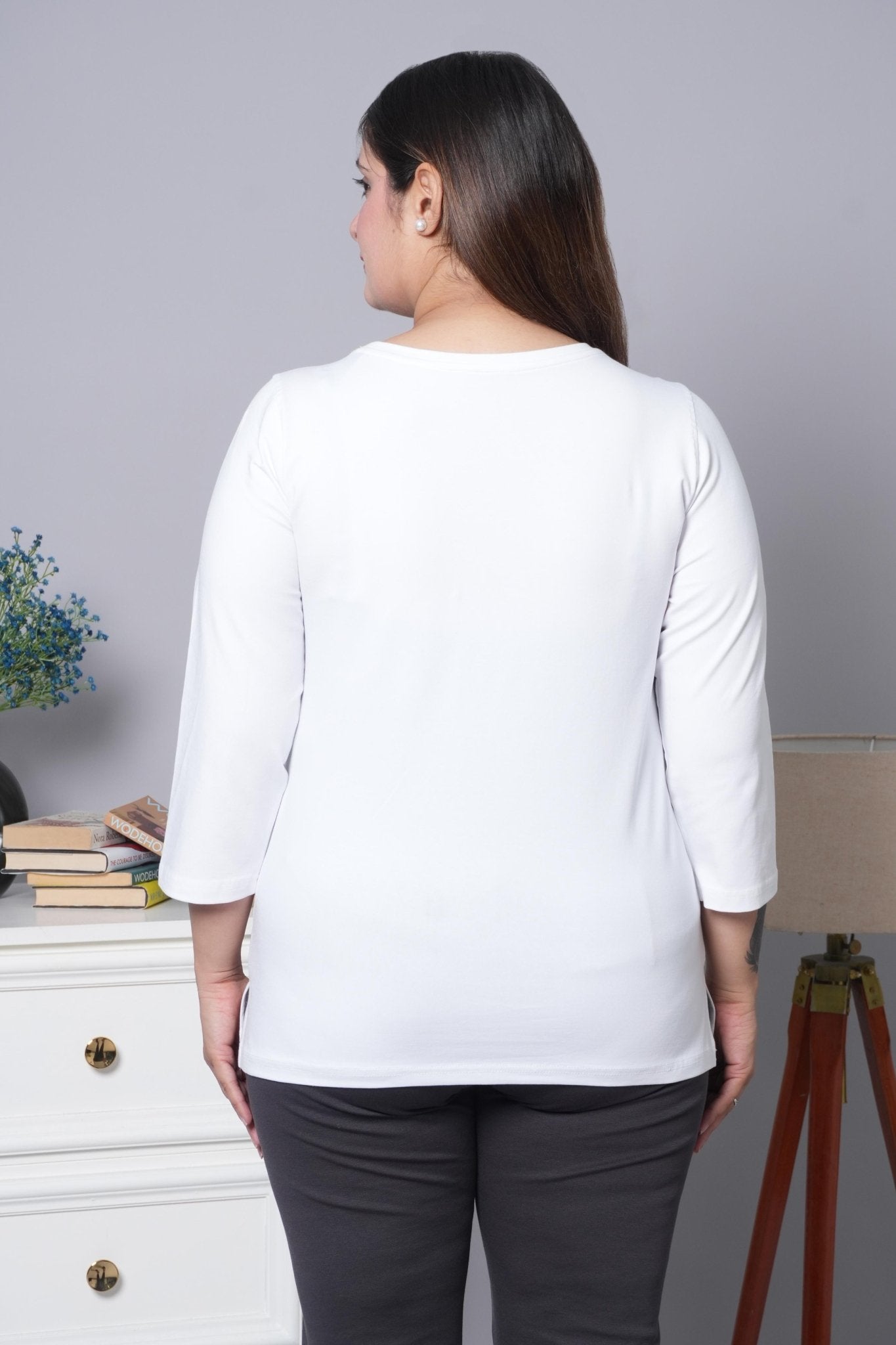 White Round Neck Cotton 3/4 Sleeve T Shirt - Cotton t shirt