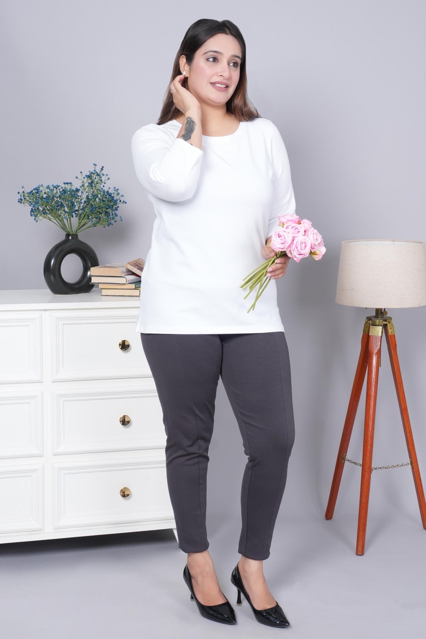 White Round Neck Cotton 3/4 Sleeve T Shirt - Cotton t shirt